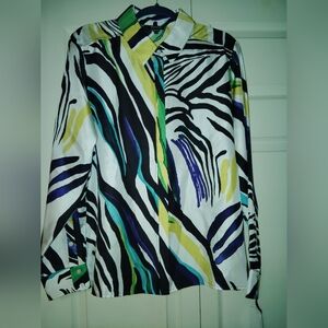 NWT WORTH Silk Animal Print Zebra Long Sleeve Blouse Black White Sz L